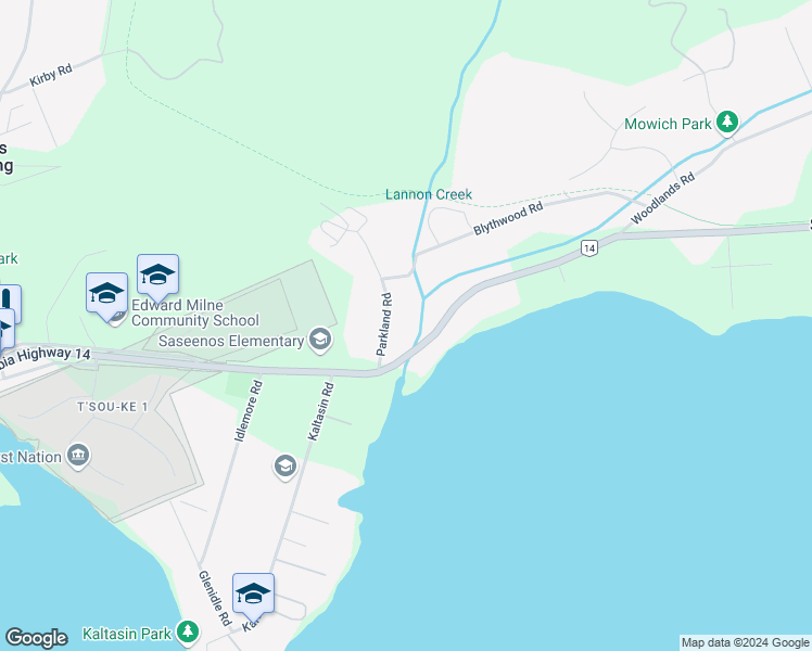 map of restaurants, bars, coffee shops, grocery stores, and more near 2105 Parkland Road in Sooke