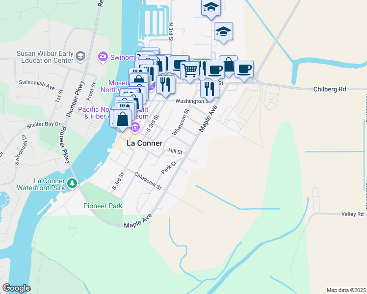 map of restaurants, bars, coffee shops, grocery stores, and more near 518 Myrtle Street in La Conner