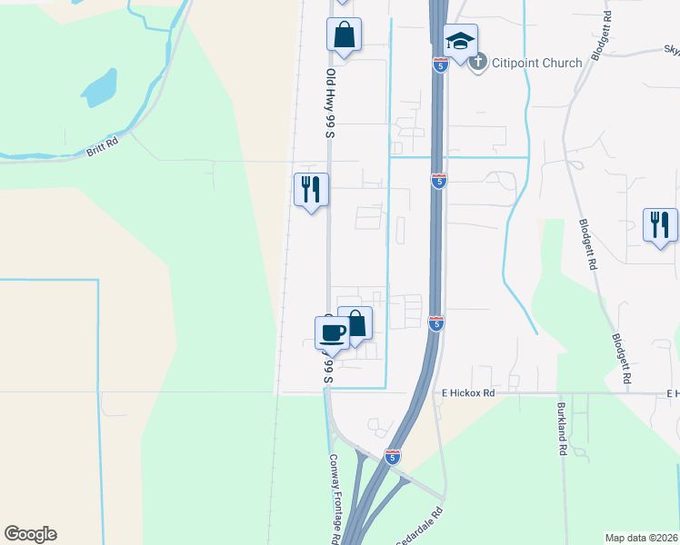 map of restaurants, bars, coffee shops, grocery stores, and more near 3900 Old Highway 99 South Road in Mount Vernon