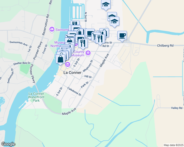 map of restaurants, bars, coffee shops, grocery stores, and more near 518 Myrtle Street in La Conner