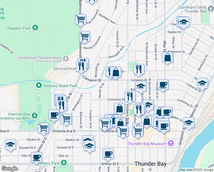 map of restaurants, bars, coffee shops, grocery stores, and more near 340 Norah Street North in Thunder Bay