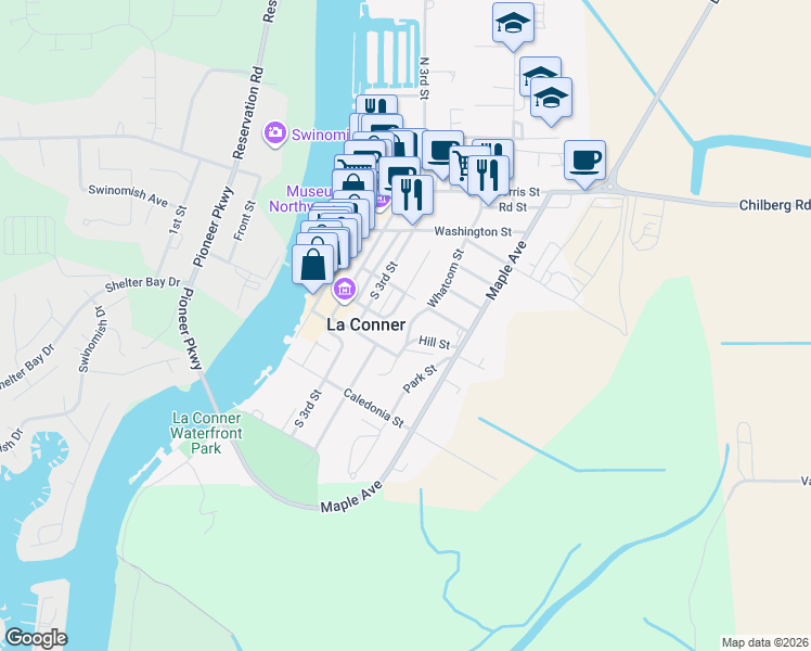 map of restaurants, bars, coffee shops, grocery stores, and more near 619 South 4th Street in La Conner
