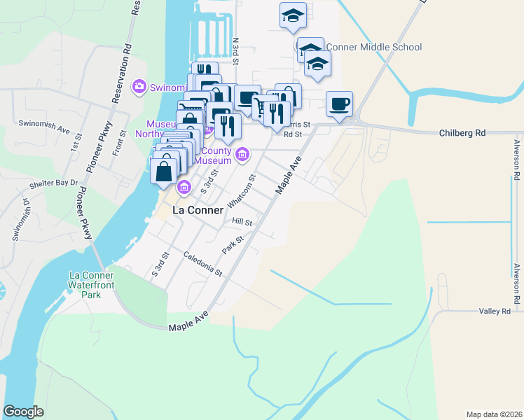 map of restaurants, bars, coffee shops, grocery stores, and more near 518 Myrtle Street in La Conner