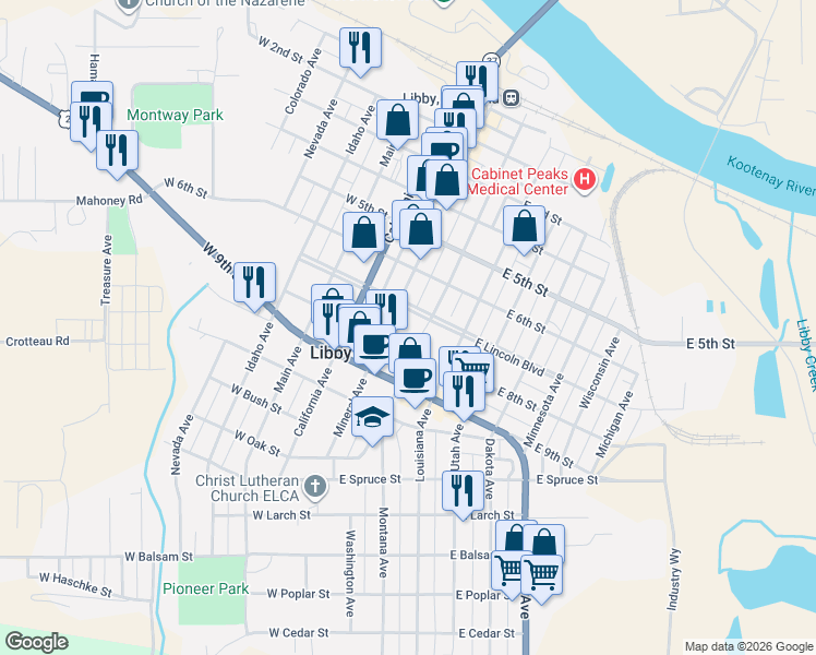 map of restaurants, bars, coffee shops, grocery stores, and more near 101 East Lincoln Boulevard in Libby