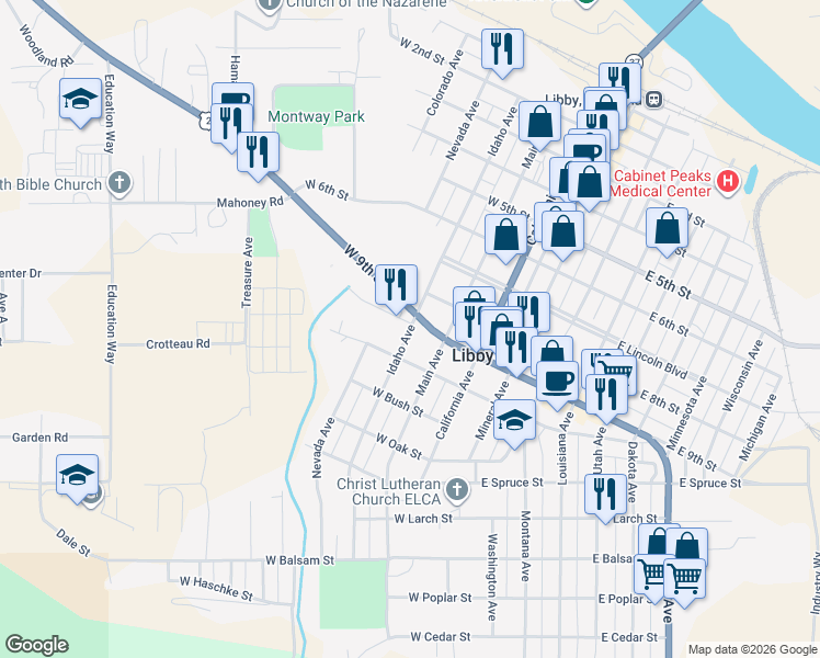 map of restaurants, bars, coffee shops, grocery stores, and more near 901 Idaho Avenue in Libby