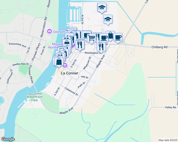map of restaurants, bars, coffee shops, grocery stores, and more near 518 Myrtle Street in La Conner