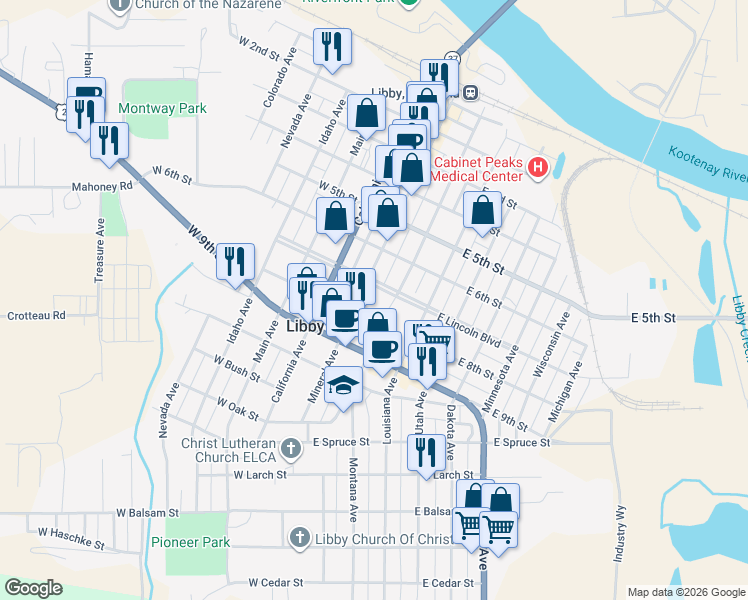 map of restaurants, bars, coffee shops, grocery stores, and more near 100-198 East 8th Street in Libby