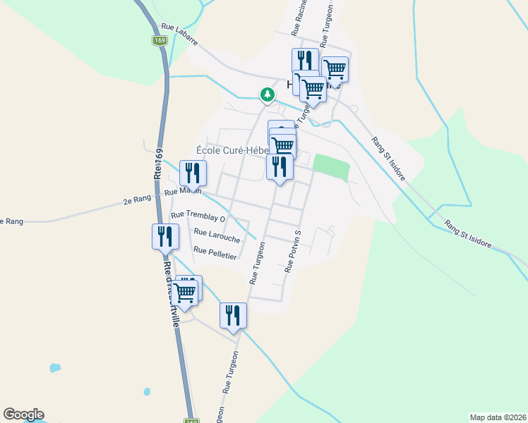 map of restaurants, bars, coffee shops, grocery stores, and more near 609 Rue Martin in Hébertville