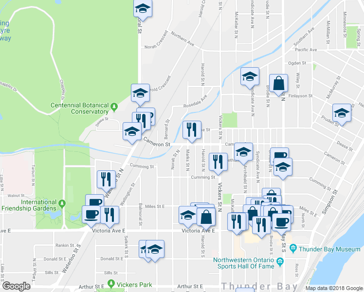 map of restaurants, bars, coffee shops, grocery stores, and more near 340 Norah St N in Thunder Bay