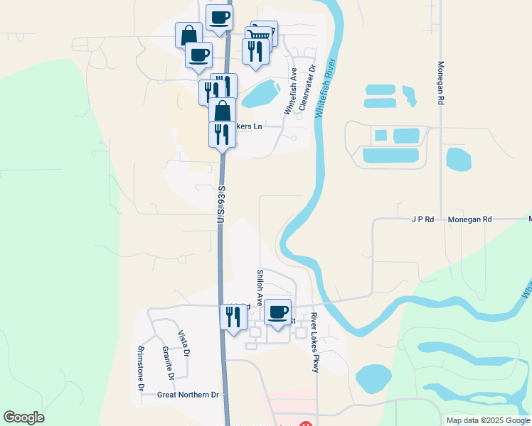 map of restaurants, bars, coffee shops, grocery stores, and more near 6270 Shiloh Avenue in Whitefish