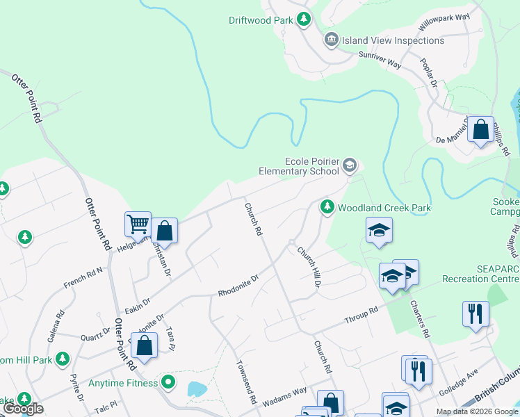map of restaurants, bars, coffee shops, grocery stores, and more near 2355 Church Road in Sooke
