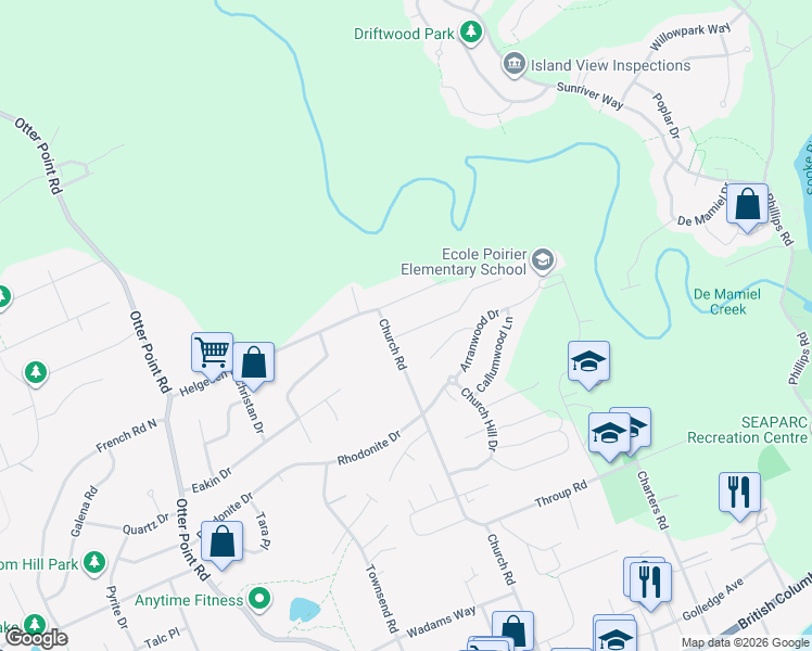 map of restaurants, bars, coffee shops, grocery stores, and more near 2355 Church Road in Sooke