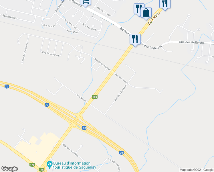 map of restaurants, bars, coffee shops, grocery stores, and more near 2147 Boulevard Talbot in Saguenay
