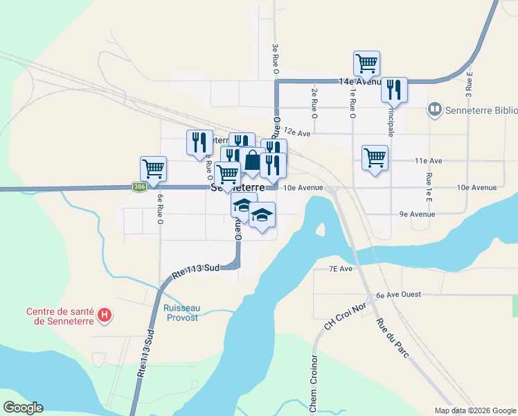map of restaurants, bars, coffee shops, grocery stores, and more near Chemin du 9e Rang in Senneterre
