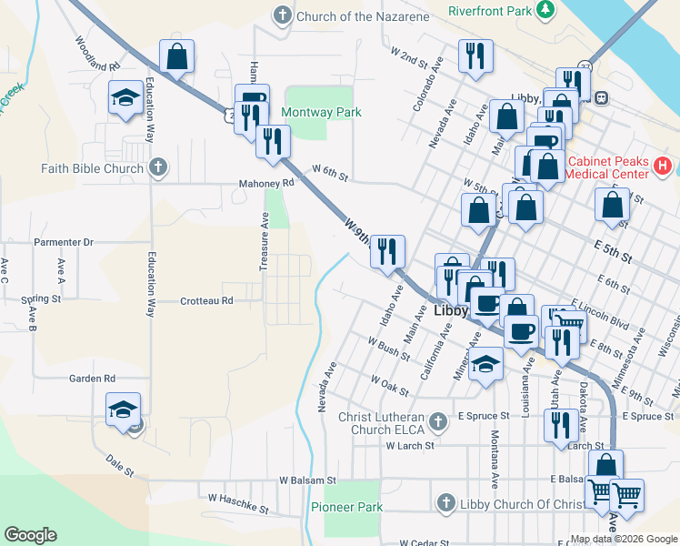 map of restaurants, bars, coffee shops, grocery stores, and more near 612 West 10th Street in Libby