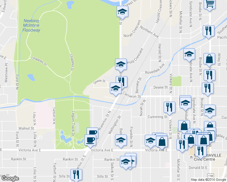 map of restaurants, bars, coffee shops, grocery stores, and more near 1501 Dease Street in Thunder Bay