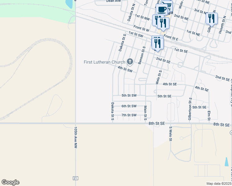 map of restaurants, bars, coffee shops, grocery stores, and more near 447 5th Street Southwest in Tioga