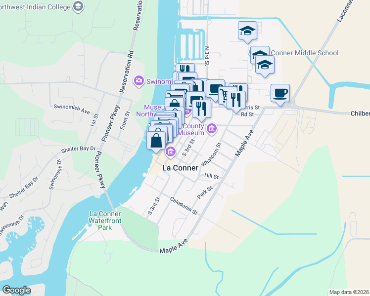 map of restaurants, bars, coffee shops, grocery stores, and more near 602 South 3rd Street in La Conner