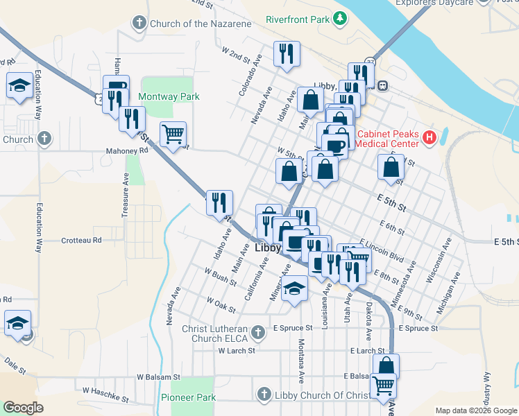map of restaurants, bars, coffee shops, grocery stores, and more near 715 Idaho Avenue in Libby