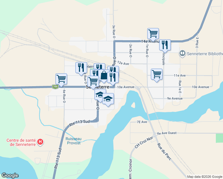 map of restaurants, bars, coffee shops, grocery stores, and more near 642 10e Avenue in Senneterre
