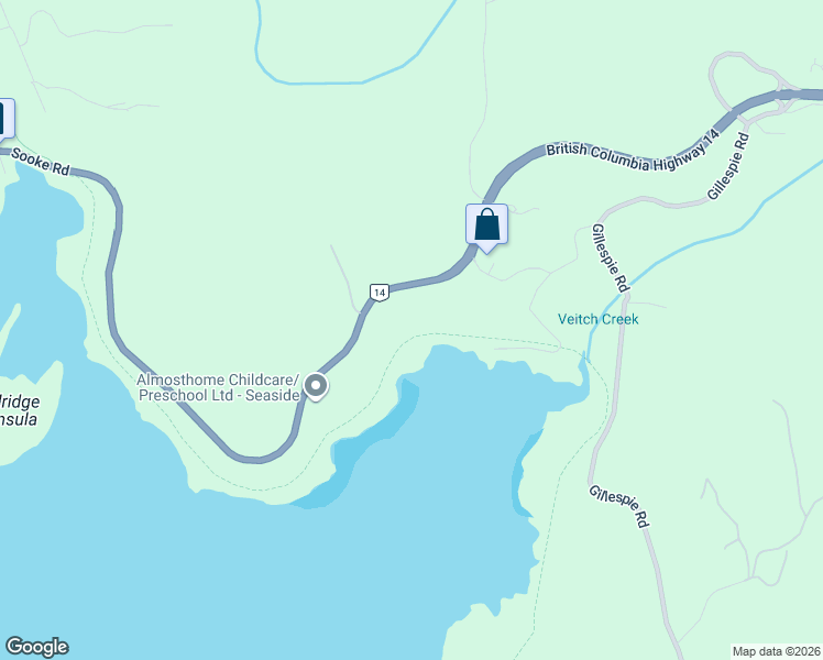 map of restaurants, bars, coffee shops, grocery stores, and more near Galloping Goose Trail in Sooke
