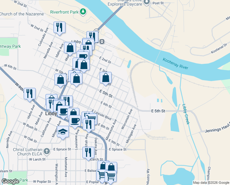 map of restaurants, bars, coffee shops, grocery stores, and more near 411 Dakota Avenue in Libby