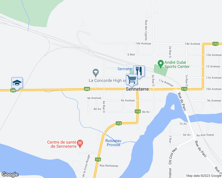 map of restaurants, bars, coffee shops, grocery stores, and more near in Senneterre