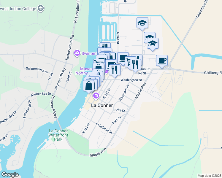 map of restaurants, bars, coffee shops, grocery stores, and more near 525 South 3rd Street in La Conner