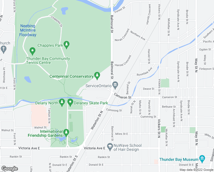 map of restaurants, bars, coffee shops, grocery stores, and more near 1501 Dease Street in Thunder Bay