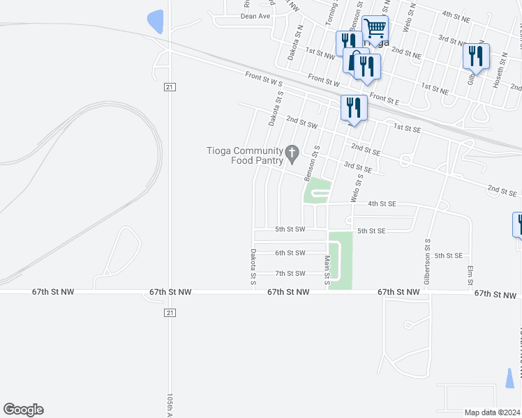 map of restaurants, bars, coffee shops, grocery stores, and more near 447 5th Street Southwest in Tioga