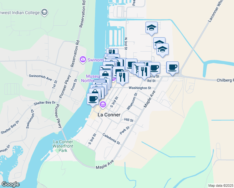 map of restaurants, bars, coffee shops, grocery stores, and more near 525 South 3rd Street in La Conner