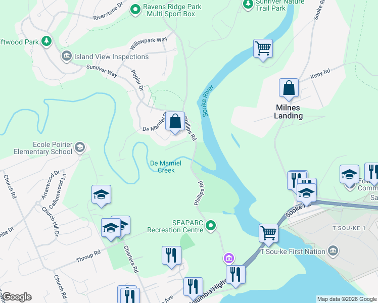 map of restaurants, bars, coffee shops, grocery stores, and more near 2280 Phillips Road in Sooke