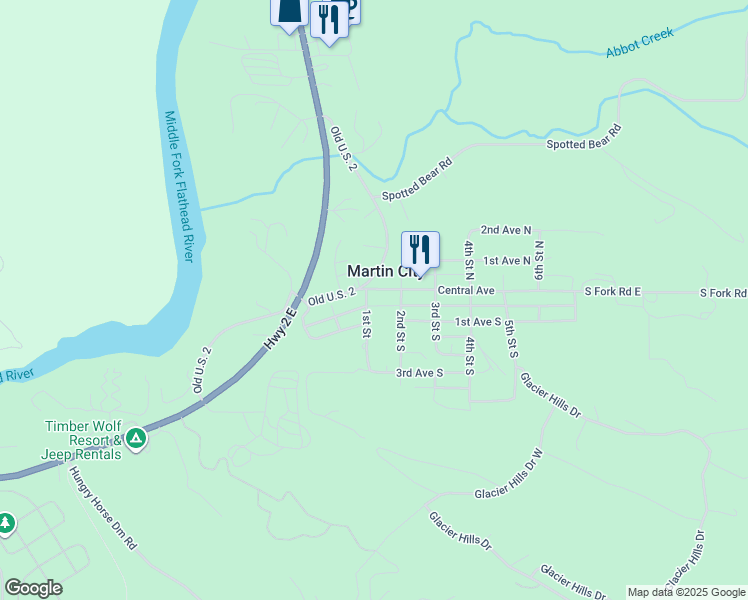 map of restaurants, bars, coffee shops, grocery stores, and more near 105 Central Avenue in Columbia Falls
