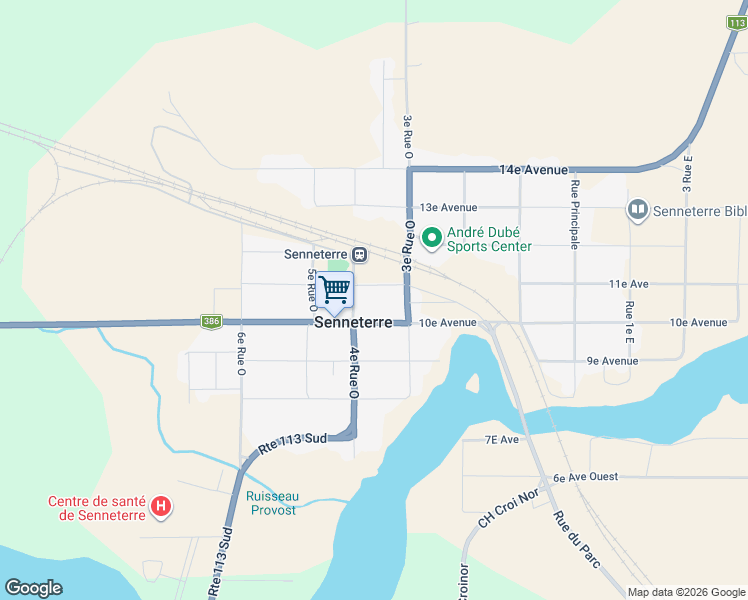 map of restaurants, bars, coffee shops, grocery stores, and more near 702 Avenue 11e in Senneterre
