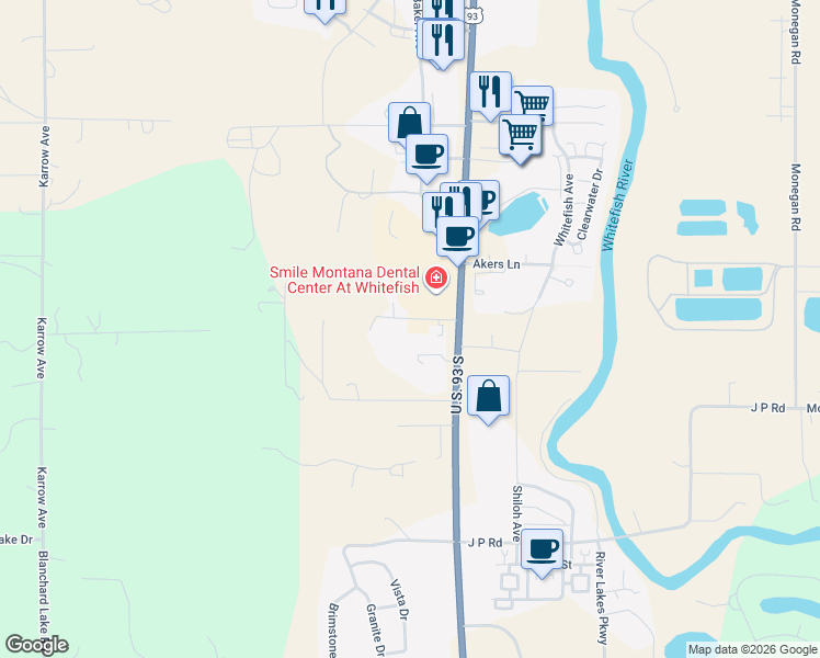 map of restaurants, bars, coffee shops, grocery stores, and more near 32 Pheasant Run in Whitefish