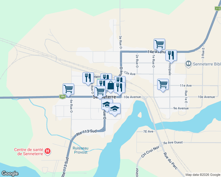 map of restaurants, bars, coffee shops, grocery stores, and more near 702 Avenue 11e in Senneterre