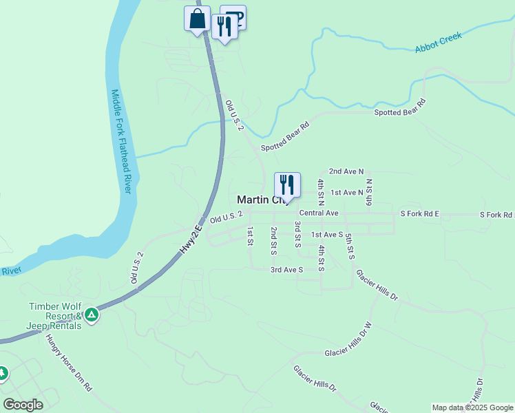 map of restaurants, bars, coffee shops, grocery stores, and more near 105 Central Avenue in Columbia Falls
