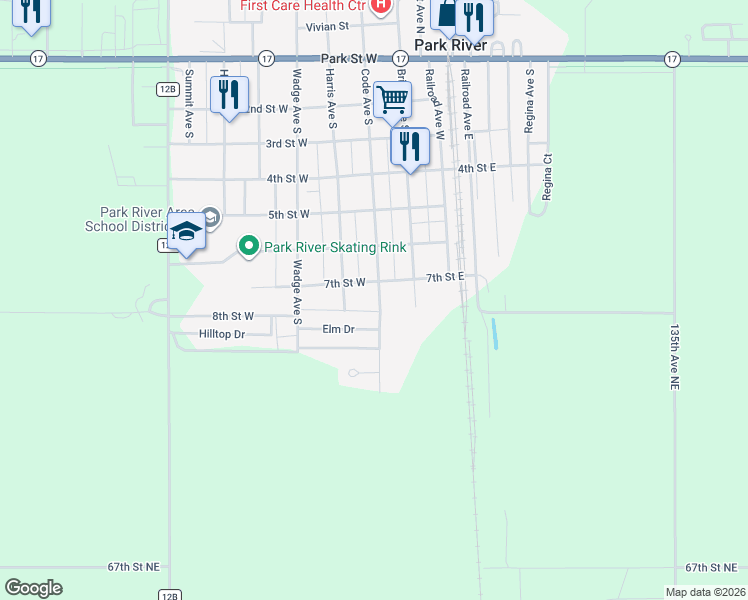 map of restaurants, bars, coffee shops, grocery stores, and more near 705 Code Avenue South in Park River