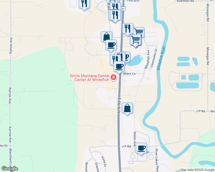 map of restaurants, bars, coffee shops, grocery stores, and more near 32 Pheasant Run in Whitefish