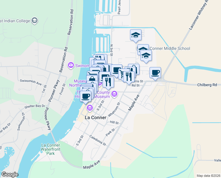 map of restaurants, bars, coffee shops, grocery stores, and more near 108 South 3rd Street in La Conner