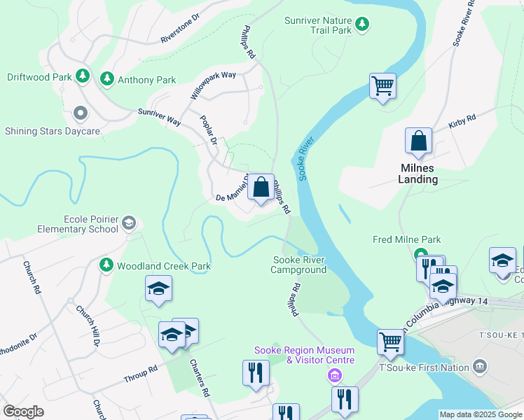 map of restaurants, bars, coffee shops, grocery stores, and more near 2320 Rivers Edge Place in Sooke