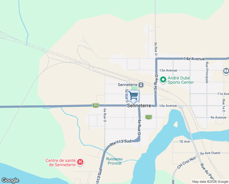 map of restaurants, bars, coffee shops, grocery stores, and more near 877 Avenue 11e in Senneterre