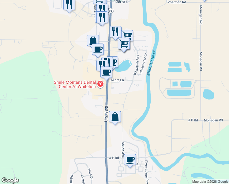 map of restaurants, bars, coffee shops, grocery stores, and more near 6355 U.S. 93 South in Whitefish
