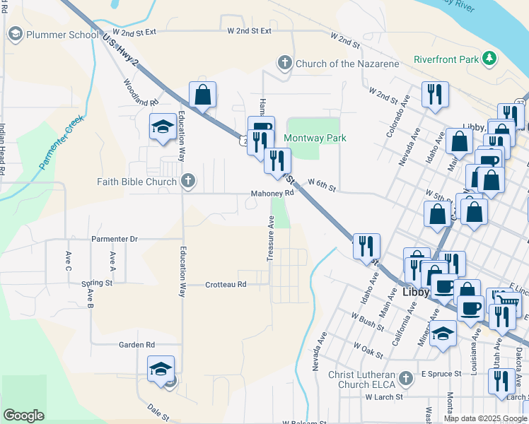 map of restaurants, bars, coffee shops, grocery stores, and more near 610 Treasure Avenue in Libby