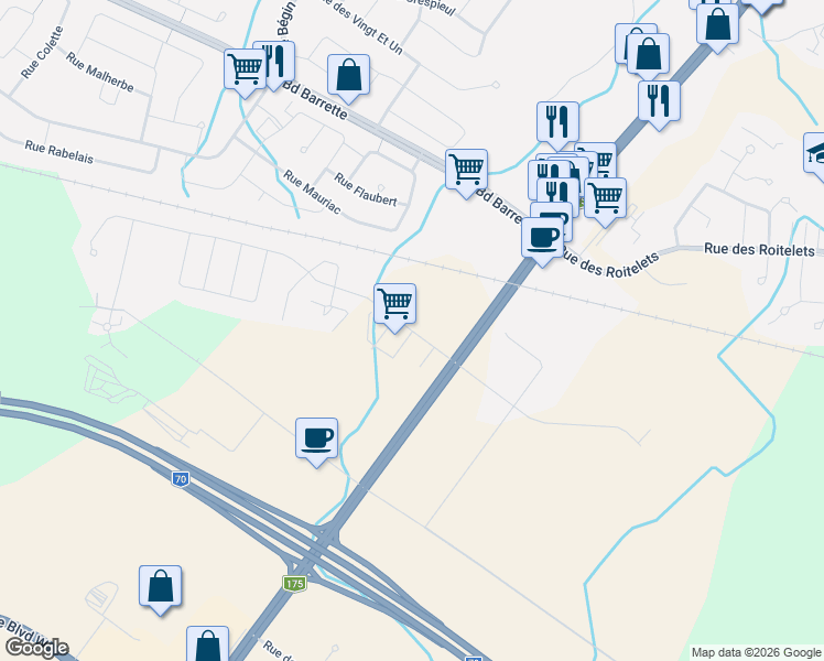 map of restaurants, bars, coffee shops, grocery stores, and more near Rue du Sauvignon in Saguenay