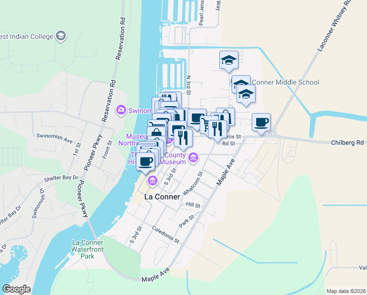map of restaurants, bars, coffee shops, grocery stores, and more near 108 South 3rd Street in La Conner