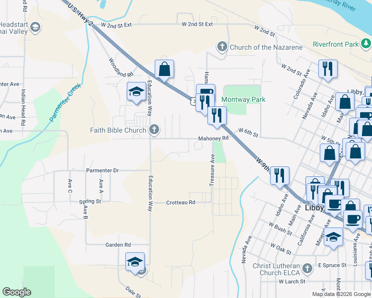map of restaurants, bars, coffee shops, grocery stores, and more near 235 Mahoney Road in Libby