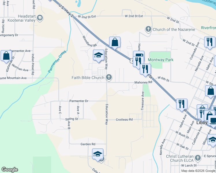map of restaurants, bars, coffee shops, grocery stores, and more near 239 Education Way in Libby