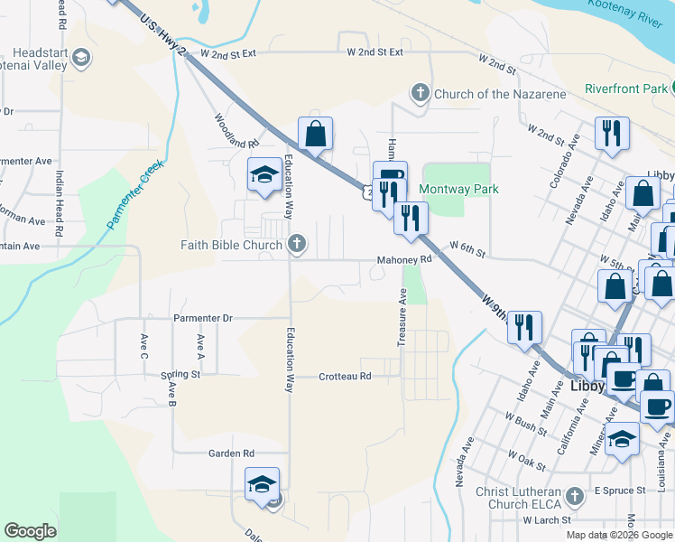 map of restaurants, bars, coffee shops, grocery stores, and more near 235 Mahoney Road in Libby