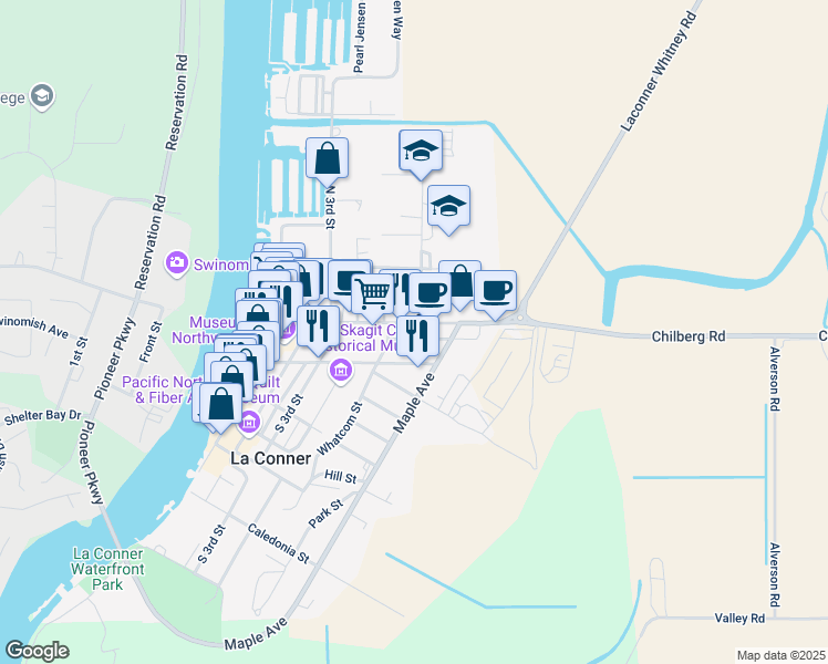 map of restaurants, bars, coffee shops, grocery stores, and more near 520 Morris Street in La Conner